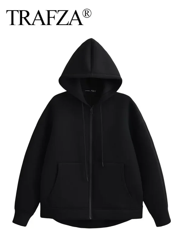 Winter New Women's Zipper Hoodie Coat High Street Double Pockets Jakcet Oversize Loose Sweatshirts Outerwear Top - Image 3