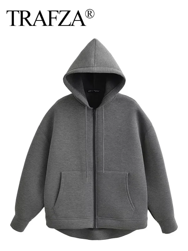 Winter New Women's Zipper Hoodie Coat High Street Double Pockets Jakcet Oversize Loose Sweatshirts Outerwear Top - Image 2