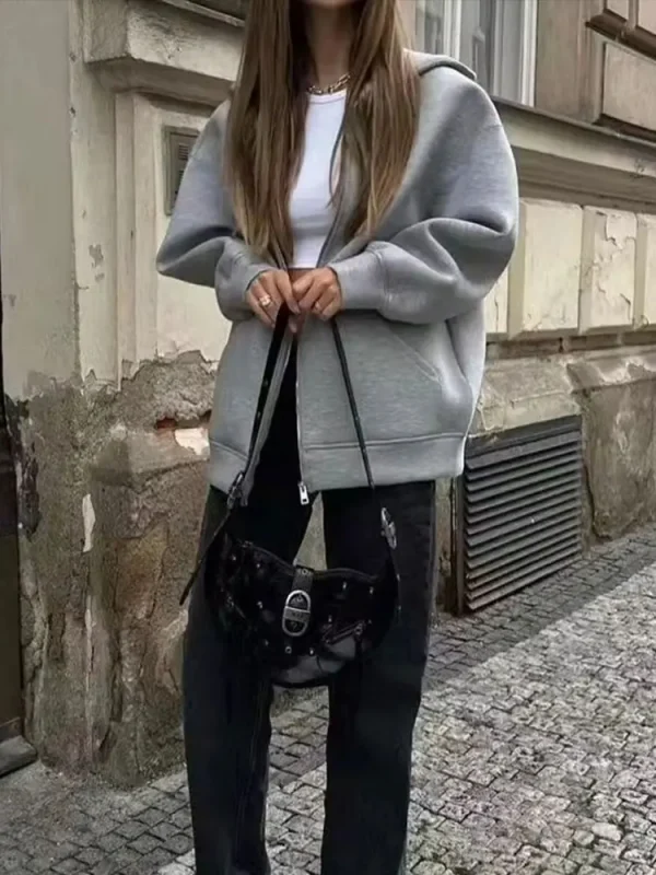 Winter New Women's Zipper Hoodie Coat High Street Double Pockets Jakcet Oversize Loose Sweatshirts Outerwear Top - Image 6