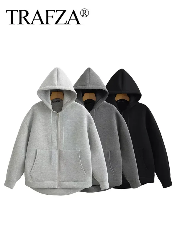 Winter New Women's Zipper Hoodie Coat High Street Double Pockets Jakcet Oversize Loose Sweatshirts Outerwear Top