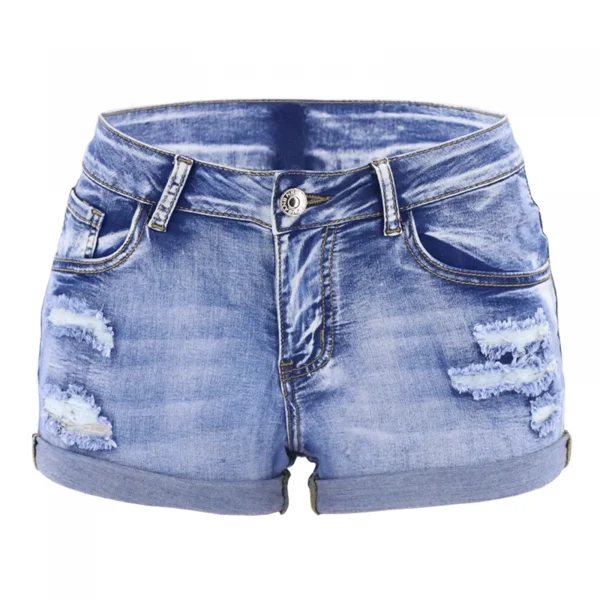 Women's Split Denim Shorts Summer Beach Wild Fashion Sexy Mid Waist Curled Cuff Perforated Elastic Slim Fit Casual Shorts - Image 6