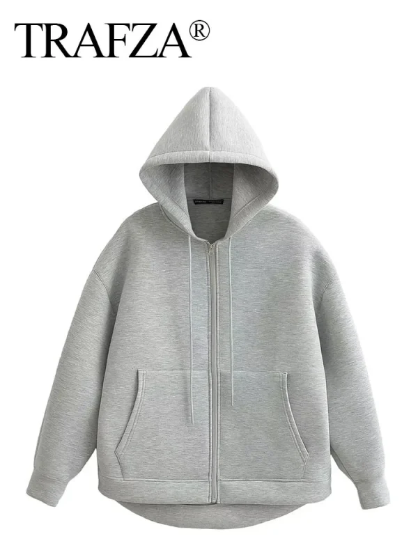 Winter New Women's Zipper Hoodie Coat High Street Double Pockets Jakcet Oversize Loose Sweatshirts Outerwear Top - Image 4